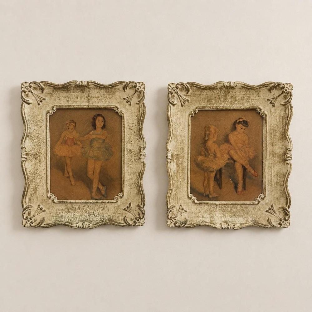 Vintage Ballerina Art Prints Set of 2 Girls Room Decor 7x6 Cream Ornate Frames